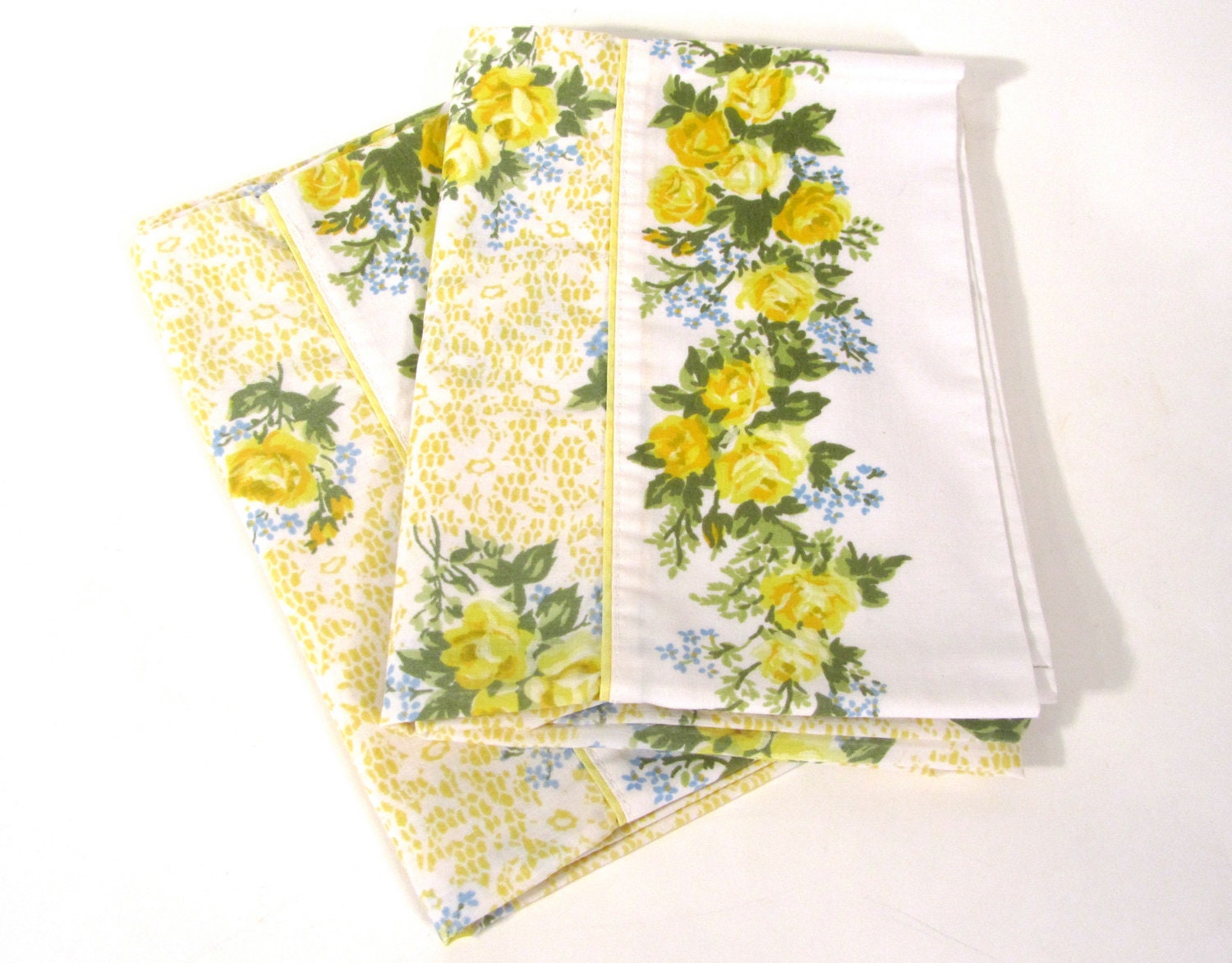 New Vintage Yellow and Blue Flower Standard Pillow Case Set of (2) Upcycle Fabric