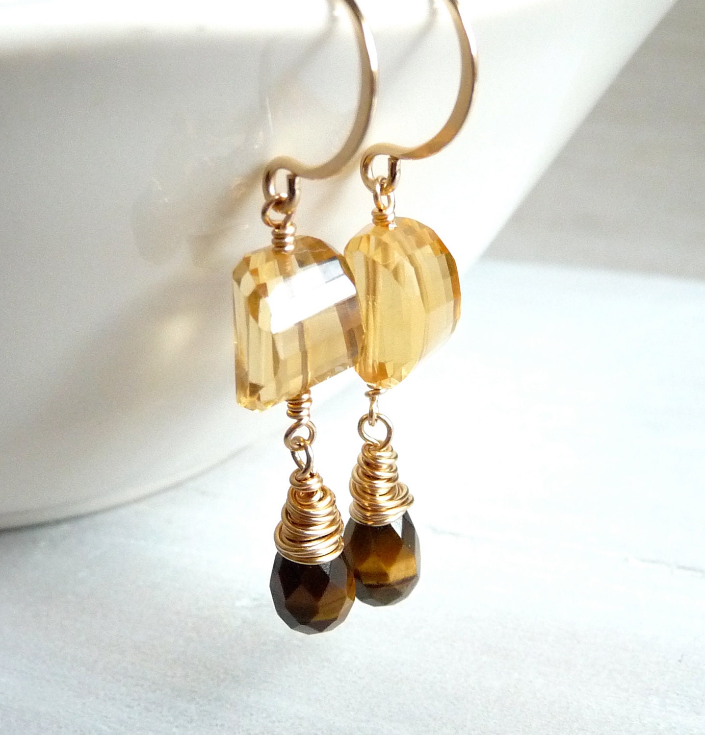 Citrine Earrings, November Birthstone, Tigers Eye Earrings, Faceted Nugget Earrings, Gold Filled Earrings, Under 50