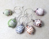 Cute Rainbow Owls Wine Charms in Porcelain and Silver Set of 6 Cocktail Margarita