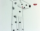 Pepper - spotted dog with butterfly, dalmation, whimsical, watercolor, small art, simple, pen and ink