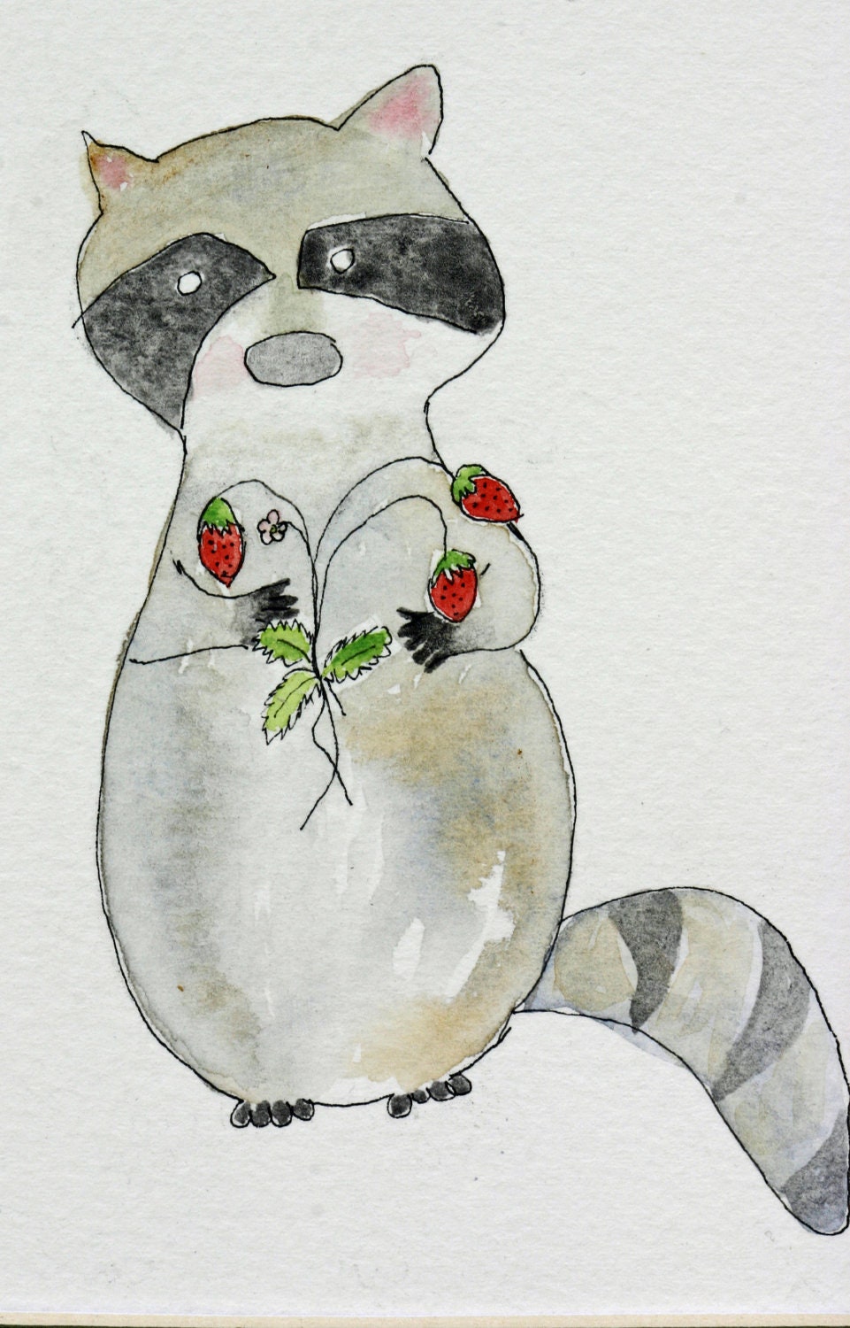 Raccoon with wild strawberries watercolor, camping, whimsical, for you, animal, children's art, matted