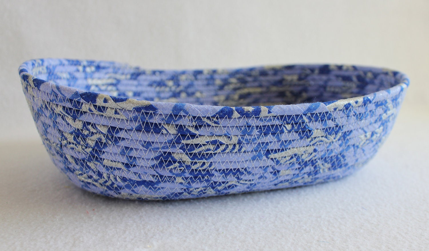 Blue and Silver Large Oval Coiled Basket / Bowl by PrairieThreads