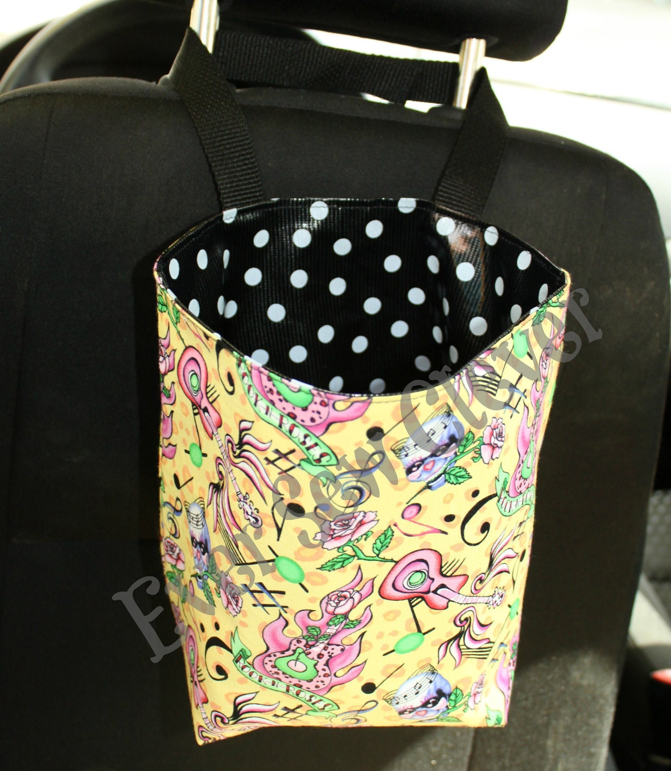Travel Trash Container, Trash Bag, Car Accessory, Polka Dot Oil Cloth, Rockabilly, Rock and Roll Fabric