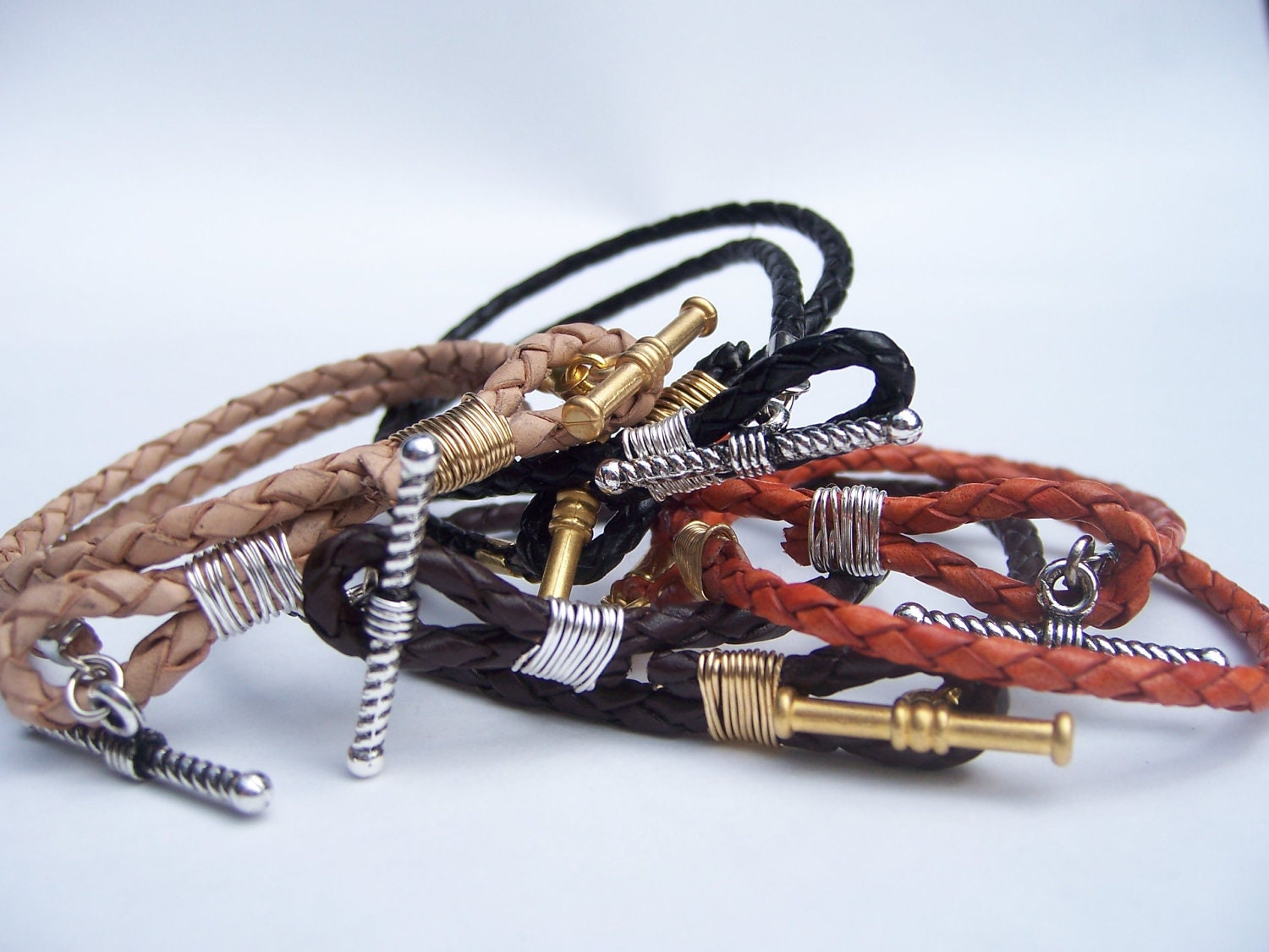 Friendship Bracelet, You Choose Leather Wrap Bracelet, Wire Wrap with Gold or Silver Toggle, 10.00 each