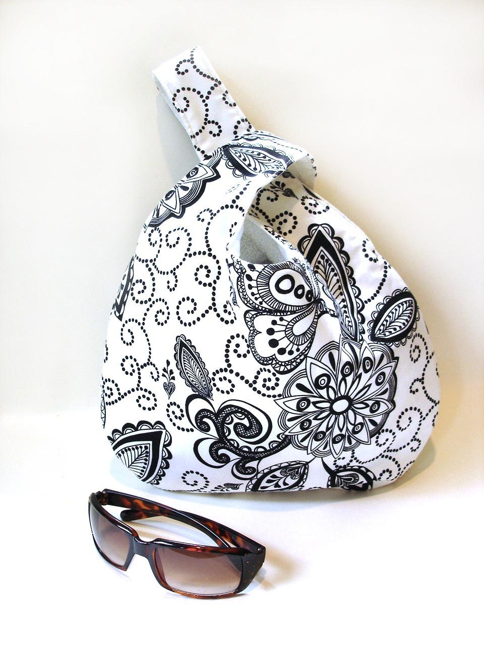 Cotton handbag, wristlet black white paisley roomy simple classic