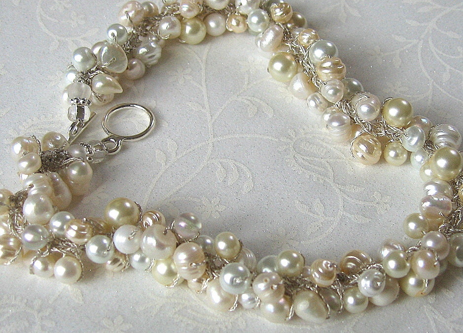 Freshwater Pearl Bridal Wedding Necklace, Fiber Hand Knit, Cottage Chic BAROQUE ROMANCE - Original Sereba Designs on Etsy