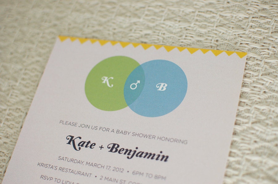 OVERLAPPING CIRCLES - customized printable square baby shower invitation, blue green pink orange