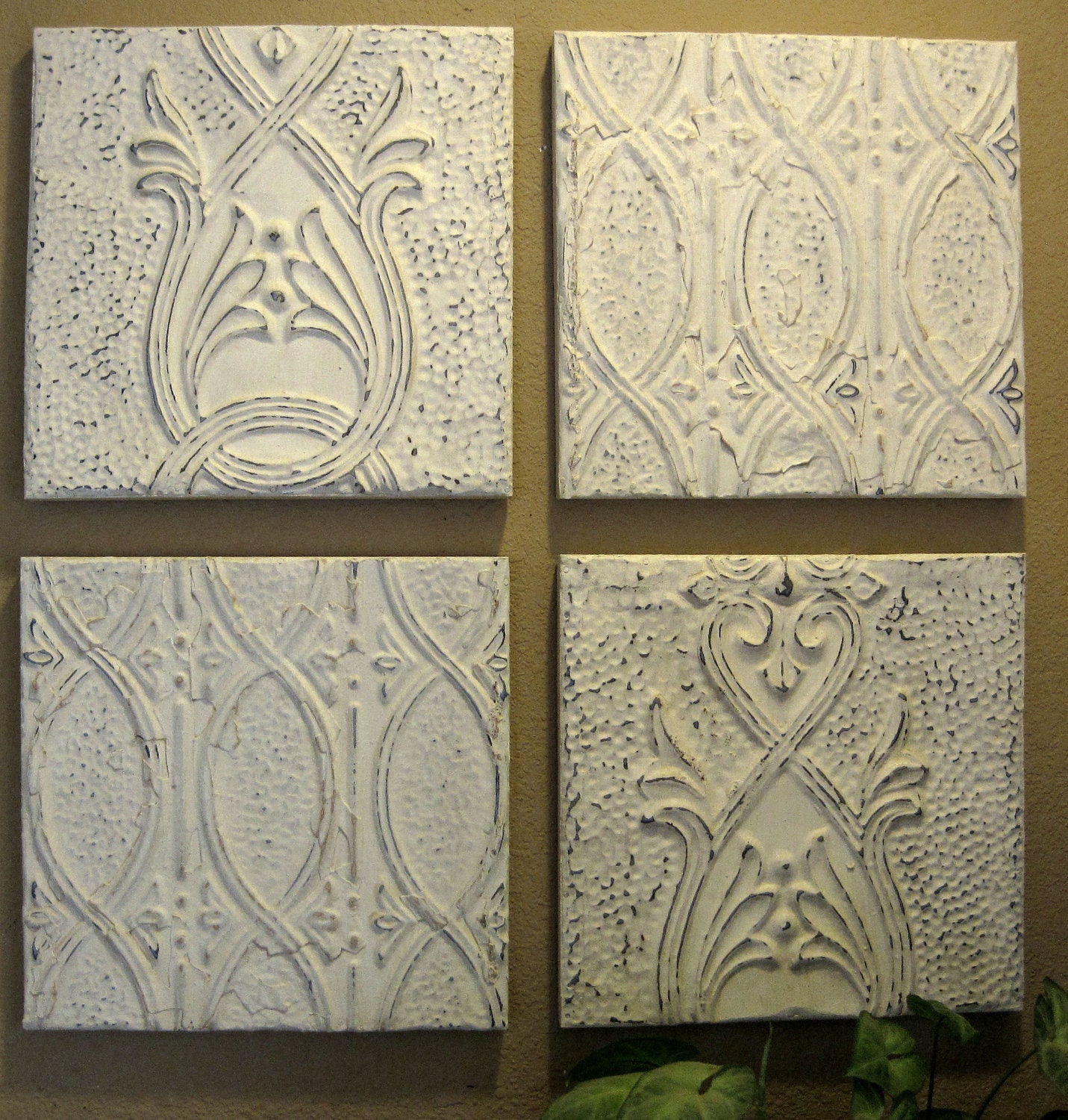ALL 4 Antique Ceiling Tin Tiles. Circa 1910. Shabby Off-Whites. Each tile measures 11 ". FRAMED and ready to hang.
