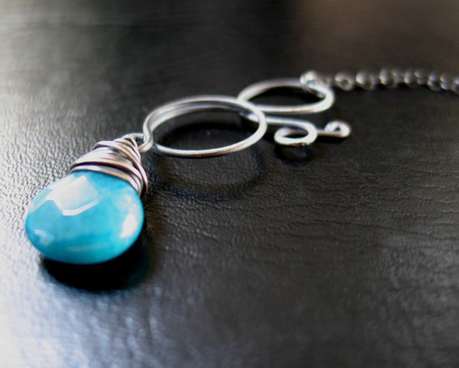 Teal Teardrop Necklace, Candy Jade & Ox Sterling Silver Wirework, Summer Jewelry, Gift For Her