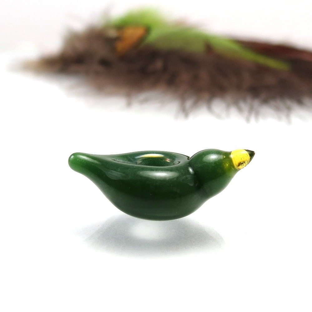 Emerald green bird bead, SRA handmade lampwork European glass charm - Green Velvet BHB