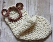 Newborn Bear Cocoon, Hand Crocheted Cream and Brown Baby Photo Prop