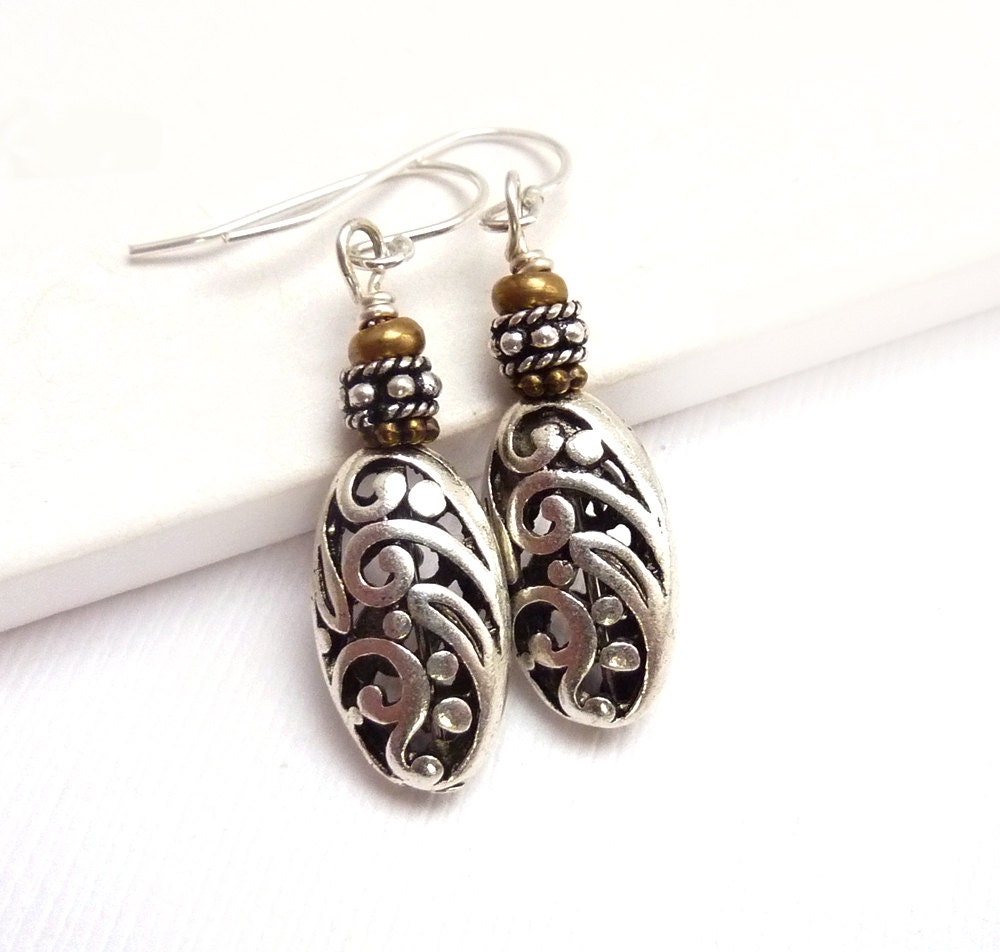 Silver Filigree Earrings, Silver Pewter, Mixed Metal Dangle Earrings, Boho Jewelry, Casual Earrings