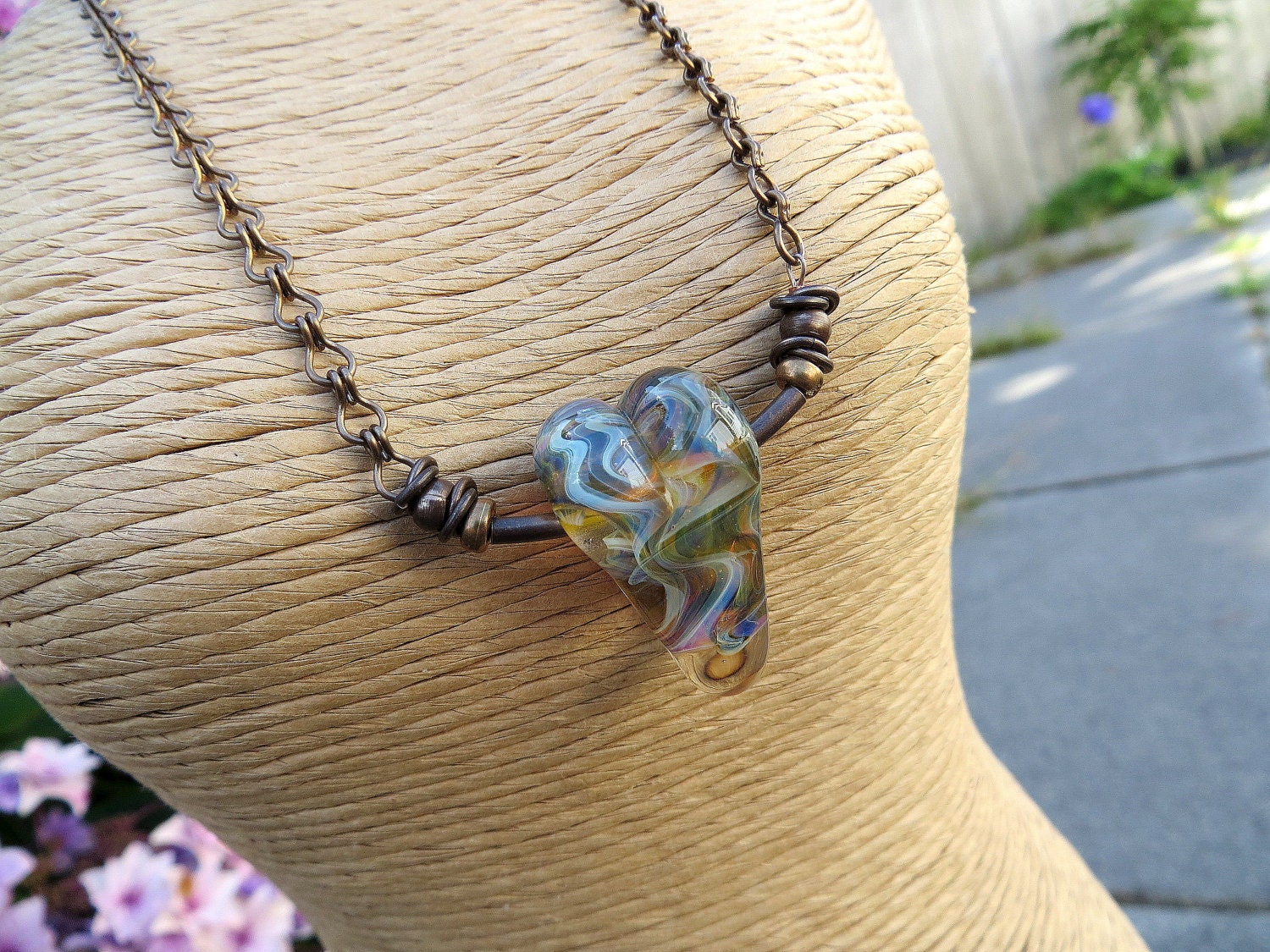 Boro Heart Pendant, Vintaj Natural Brass Necklace