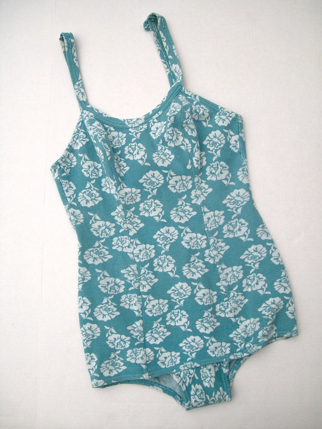 Vintage 1950s Catalina Swimsuit Women's Blue Knit White Floral One Piece Size S/M