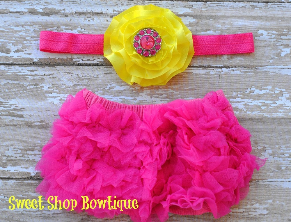 Baby Bloomers and Headband Set - Hot Pink and Yellow - Great Photo Prop