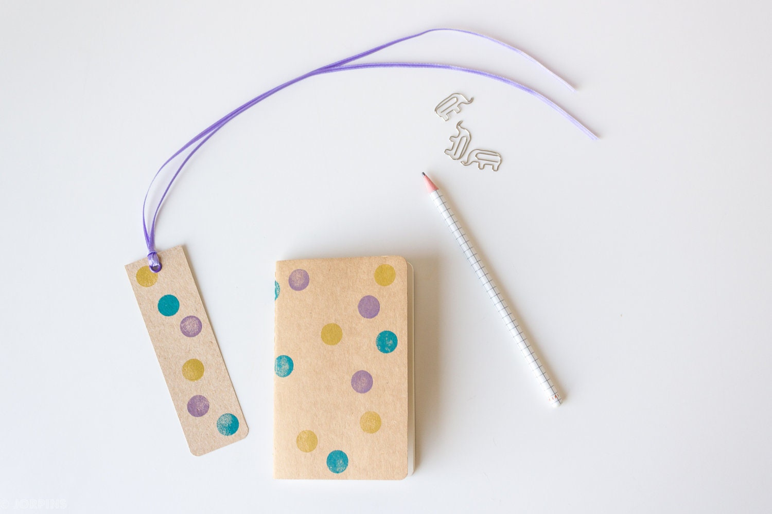 Small polkadot notebook - Hand printed dots in olive green purple - Blank moleskine and mini bookmark