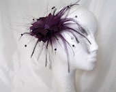 Pretty Aubergine Eggplant Feather Flower and Amethyst Crystal Bridal Wedding Fascinator Hair Comb - Custom Made to Order