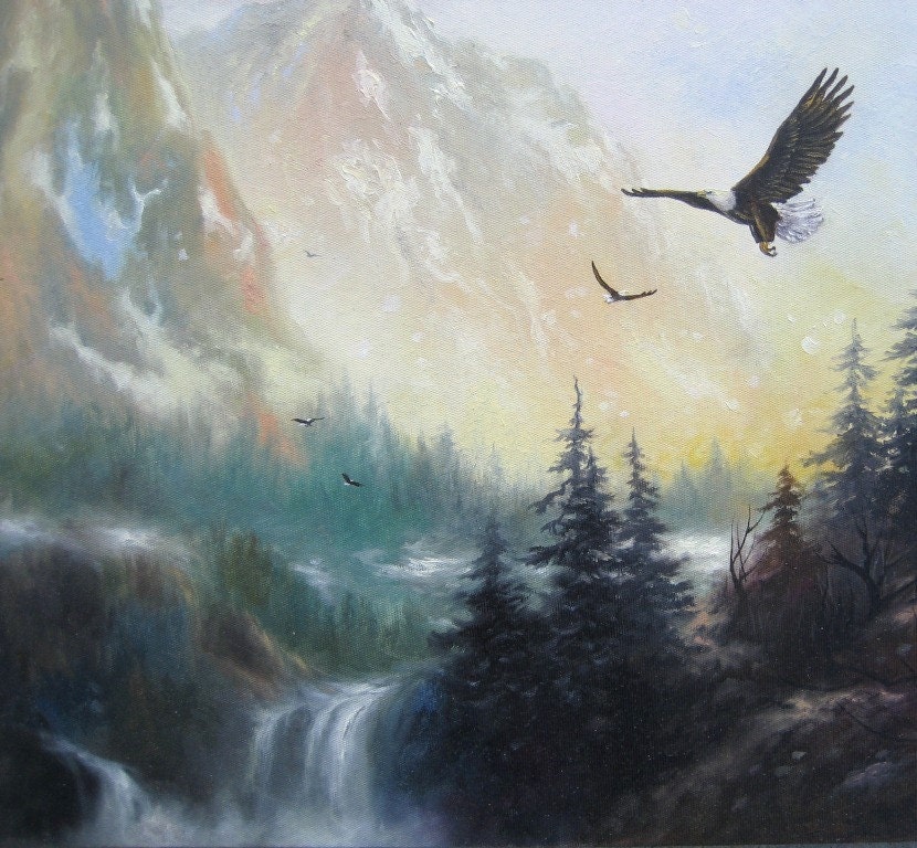 Summit Meeting Original Oil Painting, mountain paintings, waterfall, eagle painting, Vickie Wade paintings, canvas art