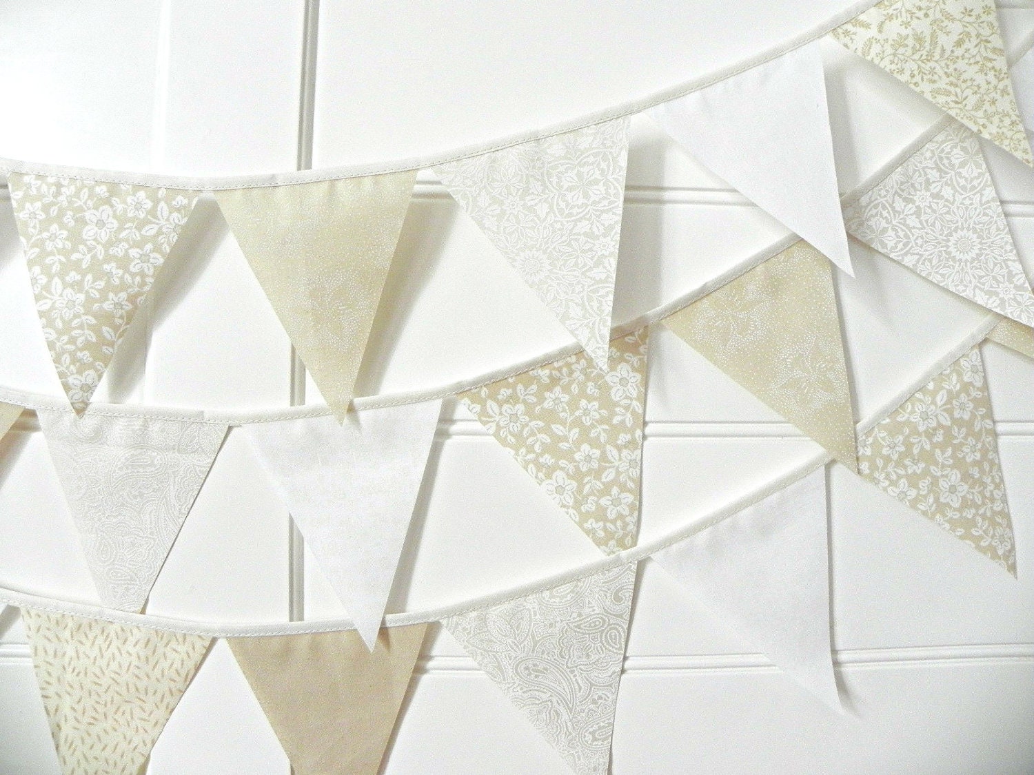 White Country Wedding Fabric Bunting, Garland, Banner, Pennant Decoration 9 Feet