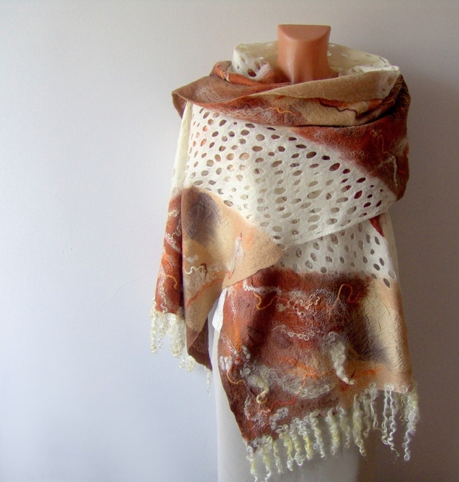 Nuno felted scarf - white lace mustard brown fox fall