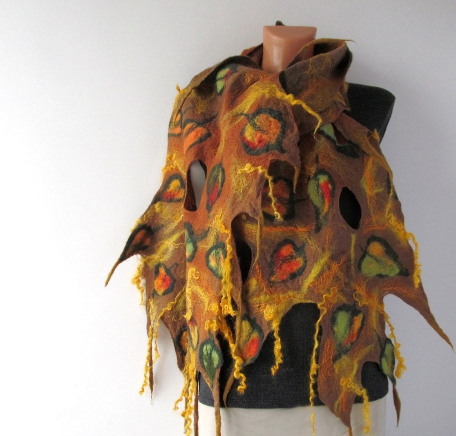 Felted scarf - Fall leaf mustard yellow orange