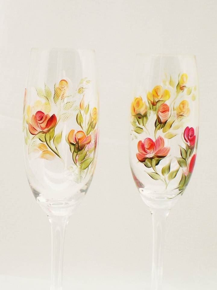 Hand Painted Champagne Flutes - Autumn Red, Orange, Gold, Peach Roses, set of 8 - Thanksgiving Wedding Party Gift, CRYSTAL Glassware