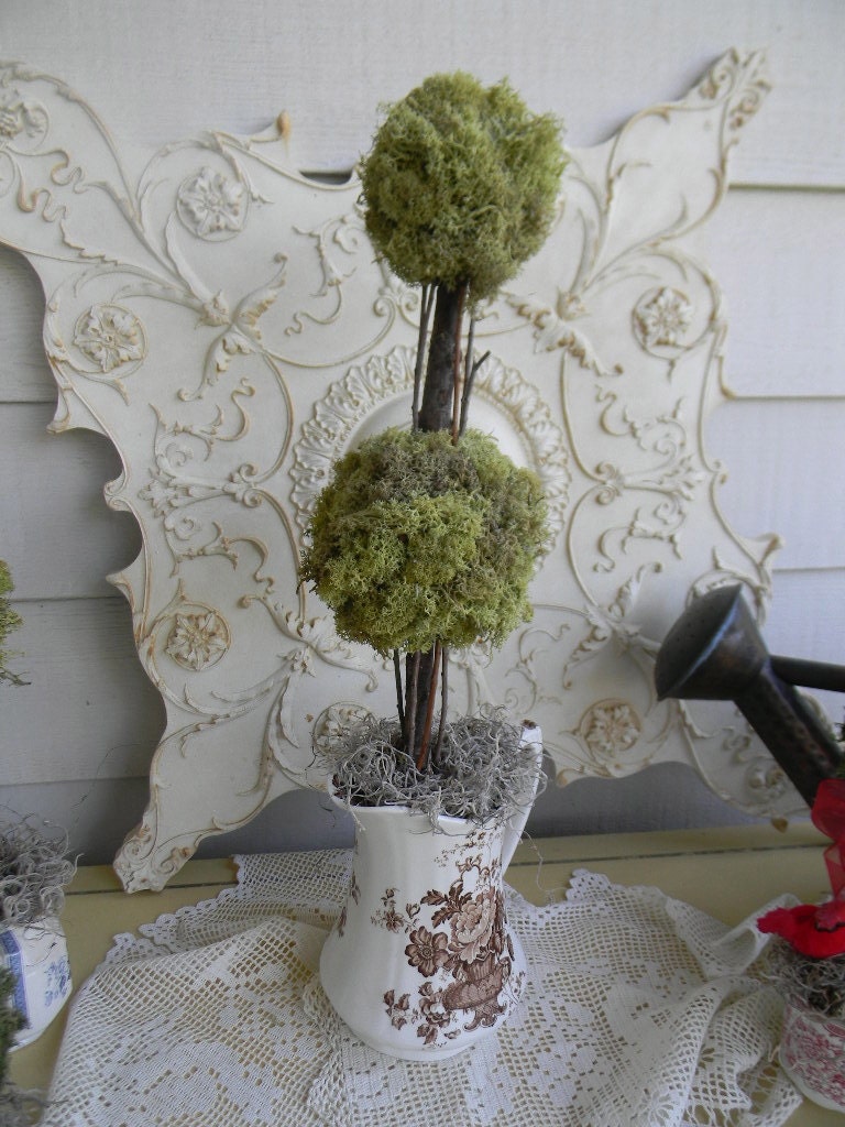 Reindeer Moss Double Ball Topiary in Vintage Brown English Transferware Pitcher Charlotte