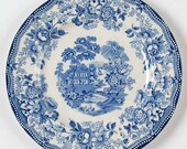 Blue Transferware Dinner Plate Tonquin Wading Swans Waterfall Roses Sail Boat
