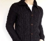 Men Sweater Hand Knit Cable Cardigan Merino wool Aran Knit Jacket