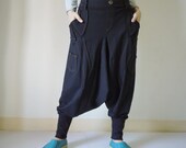 Men Women Funky Ninja Harem Black Stretch Cotton Drop Crotch Pants With 6 Pockets