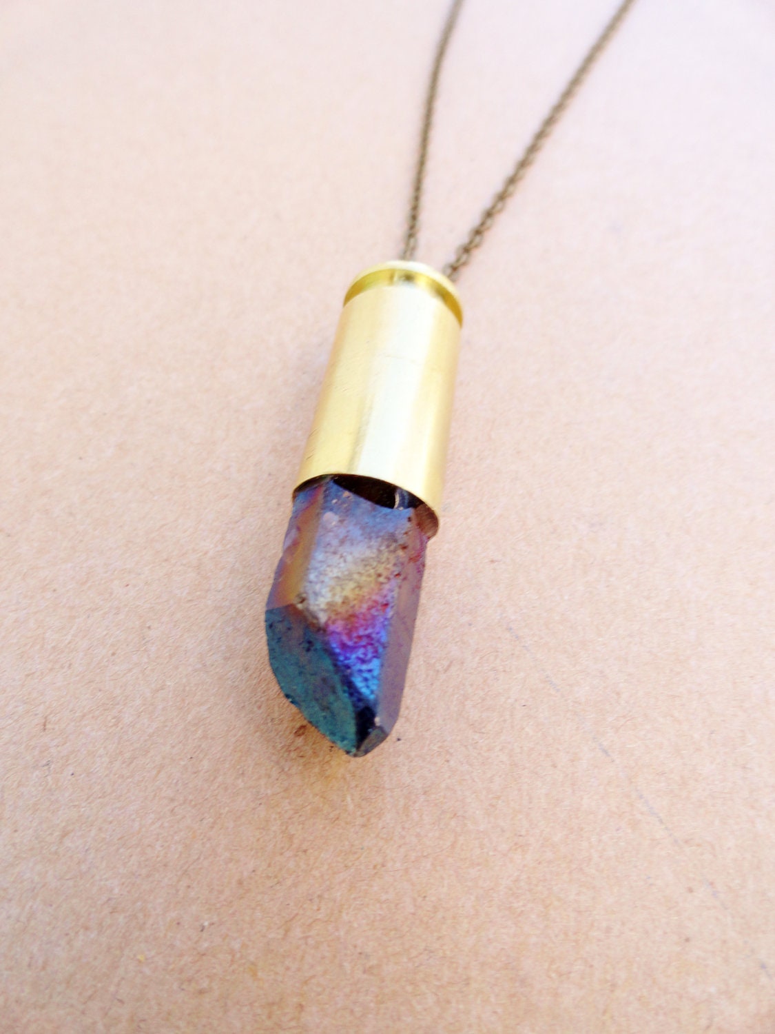 30% OFF COUPON SALE - Mystic Blue No. 2 - Mystic Blue Titanium Quartz Bullet Pendant on Brass Chain