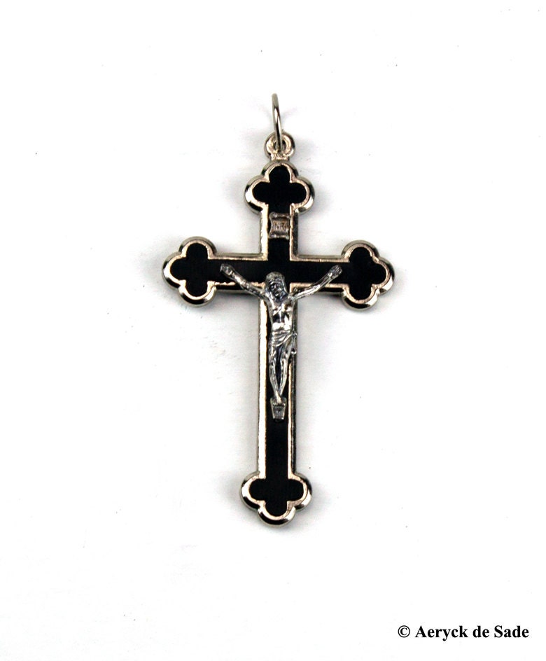 Vintage Crucifix with Black Inlay and Inscription, Religious, Catholic, Hoodoo, Pendant, Cross