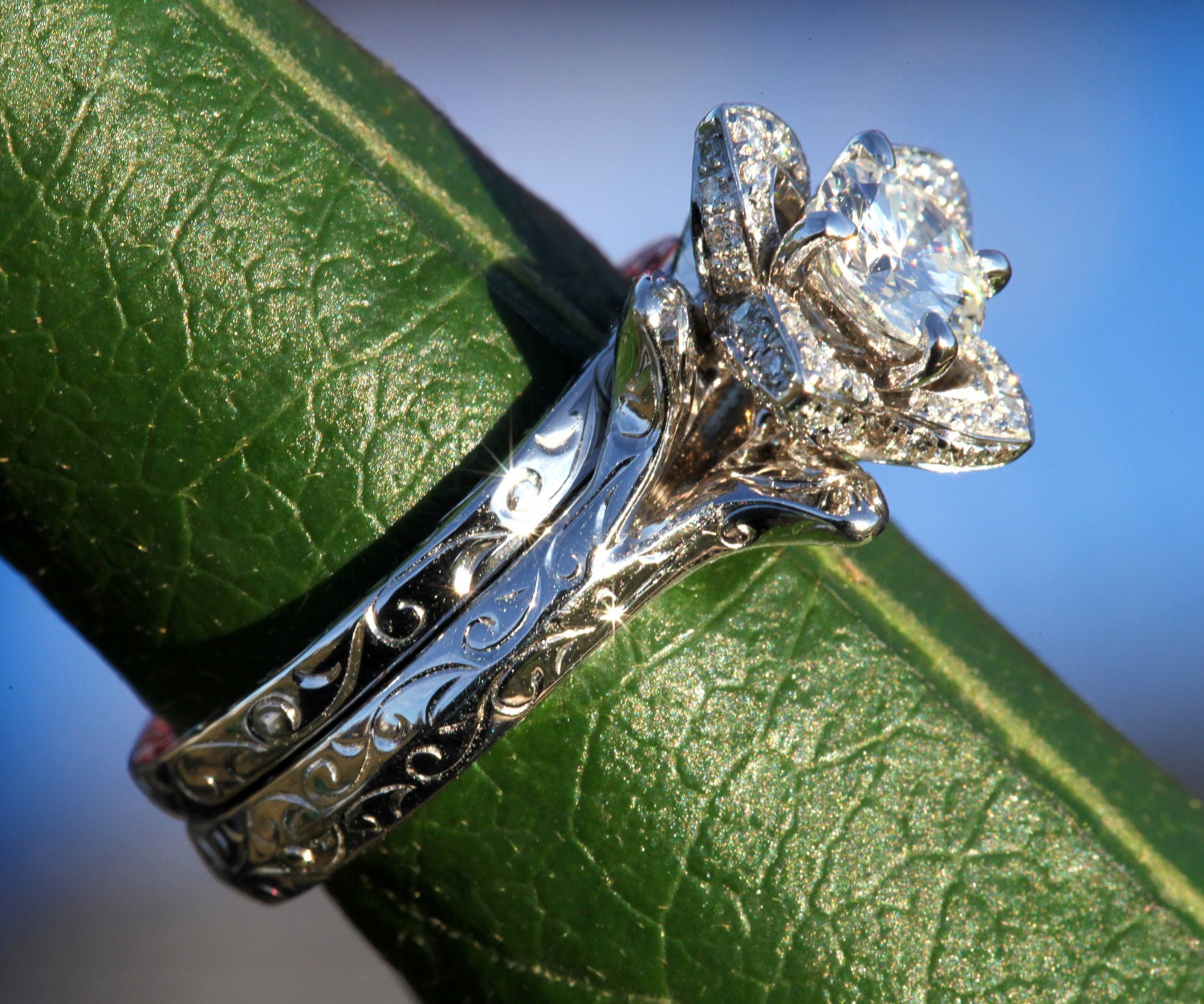 Wedding Set -  UNIQUE Flower Rose Diamond Engagement Ring and Wedding band set Engraving- 1.00 carats - 14K white gold - custom made - fL09