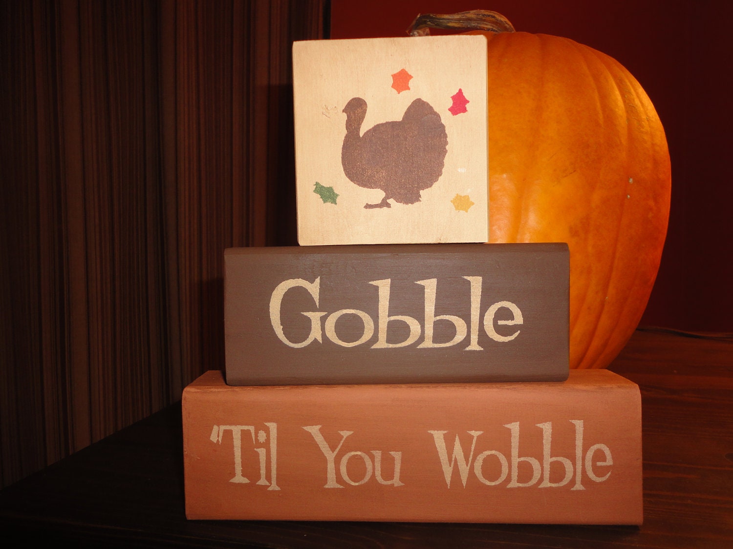 ThAnKsGiViNg DeCoR, Primitive HaNd PaInTeD WooD BlOcKs, Gobble Til You Wobble, Turkey, teachers Gifts, Hostess Gifts,Home Decor, Housewares