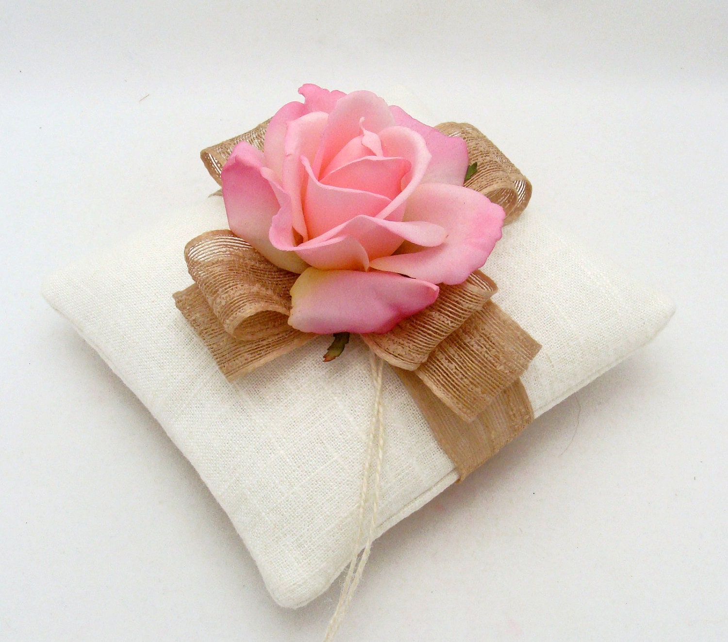 Real Touch Rose Ring Bearer Pillow Choose Your Rose Color - Linen Fabric, Natural Jute Ribbon - Custom Ring Bearer Pillow