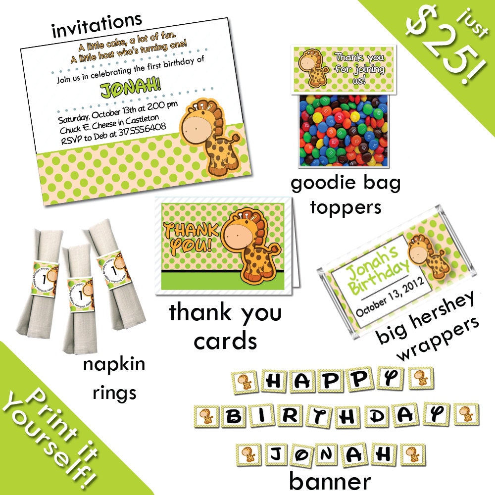 Printable Giraffe Birthday Party Pack with Invites and Favors