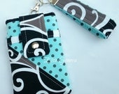 Black Taupe Gray Aqua Dots and Swirls Phone Case with Wristlet & Back Zipper Pocket