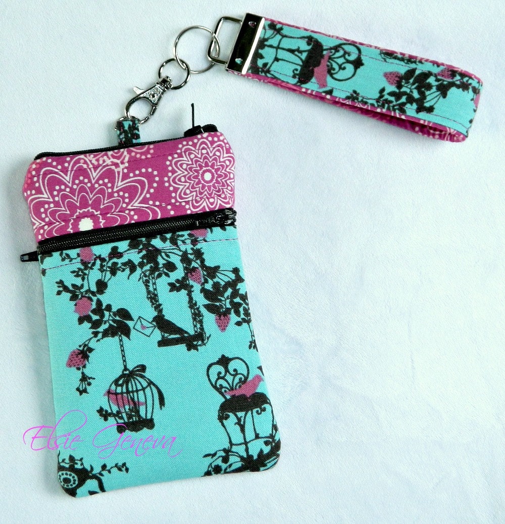 Ready to Ship Japanese Linen Aqua Bird & Vivacious Phone Case with Wristlet Front and Back Zipper Pocket  Android Nexus Galaxy Blackberry