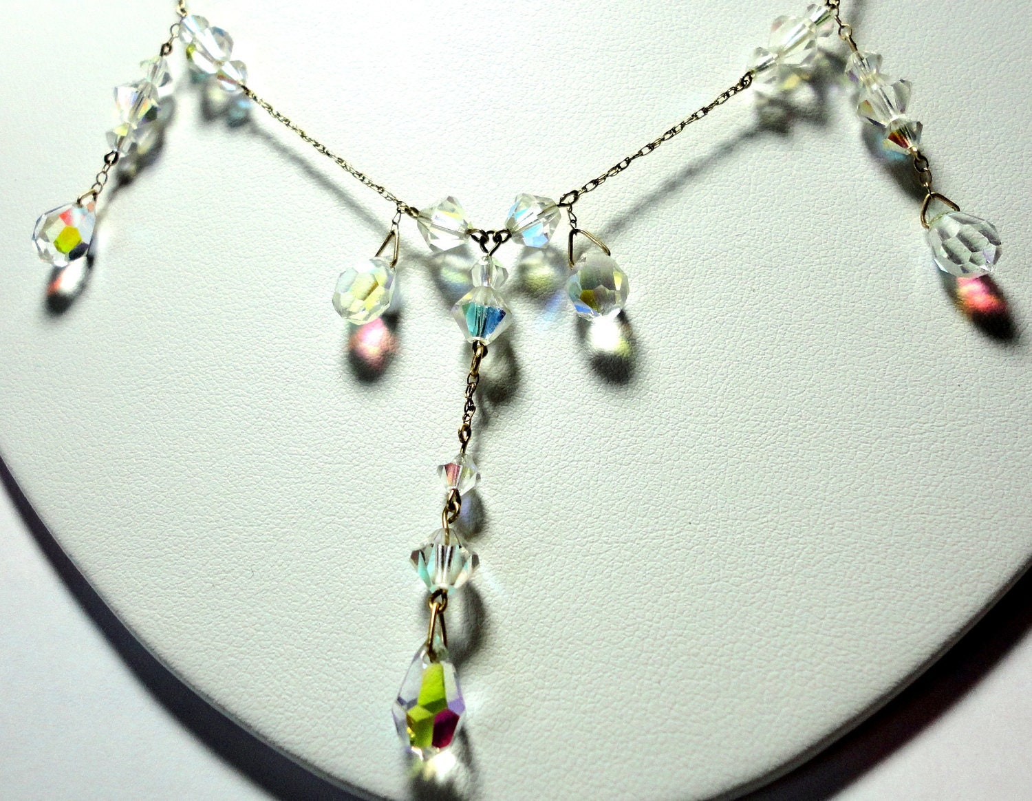 VIntage Style Dainty and Sparkly AB Aurora Swarovski Crystal and 14k Solid Gold Rope Chain Necklace