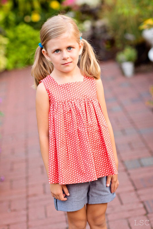girls blouse l size 4 l summer prairie blouse in coral and polka dots l handmade l Ready to Ship
