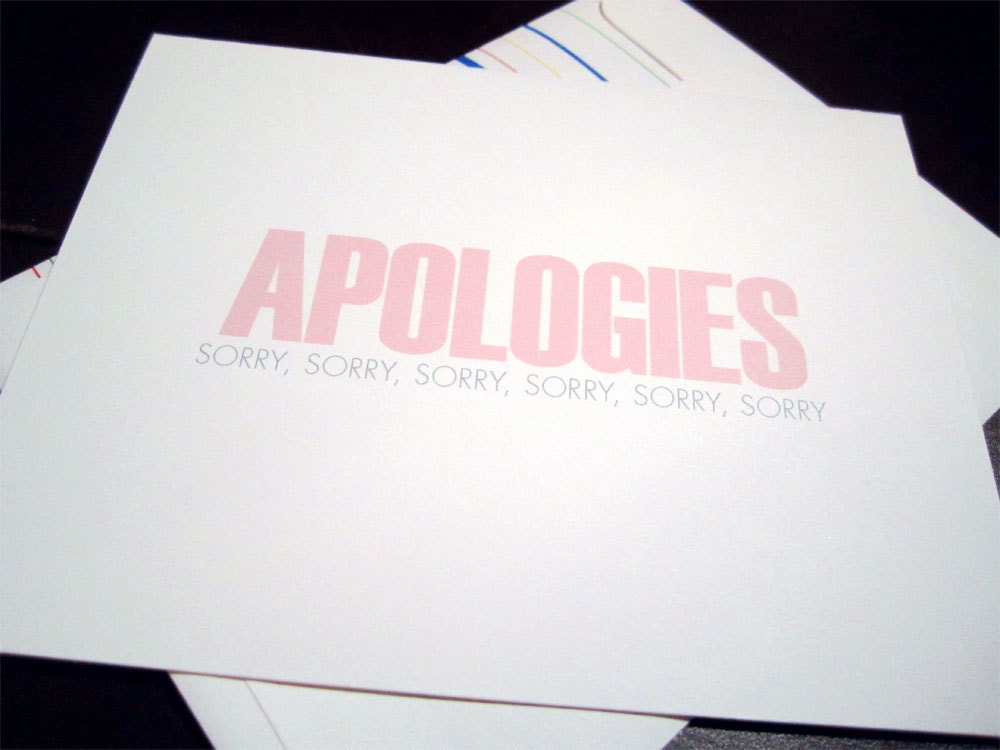 APOLOGIES (sorry sorry sorry) -White Notecard with matching envelope and striped liner - 4.25 x 5.5 inch folded greeting card