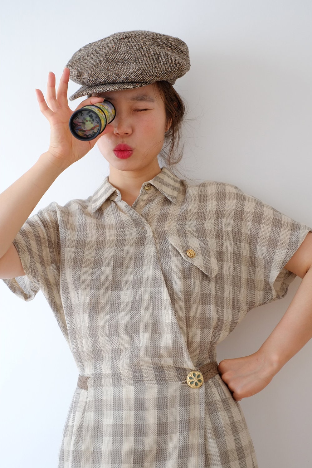 Beige plaid pattern dress, xs-s, vintage, Japan