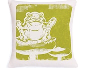 Decorative Pillow, Green, Frog, Silk screened on Cotton bark cloth, 10 inch