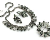 Vintage 1950s Smoke and Clear Rhinestone Full Parure Necklace Bracelet & Earrings