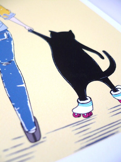 Sunday Morning Walk 2 - Black Cat Print, Mother And Cat 6x8'