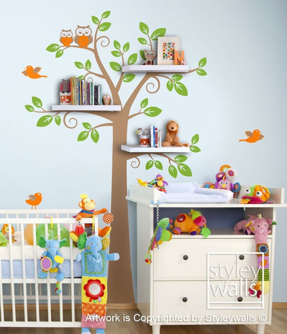 Children Wall Decal Shelves Tree Decal -Shelf Tree Wall Decal Nursery Kids Decal Wall Sticker Room Decor