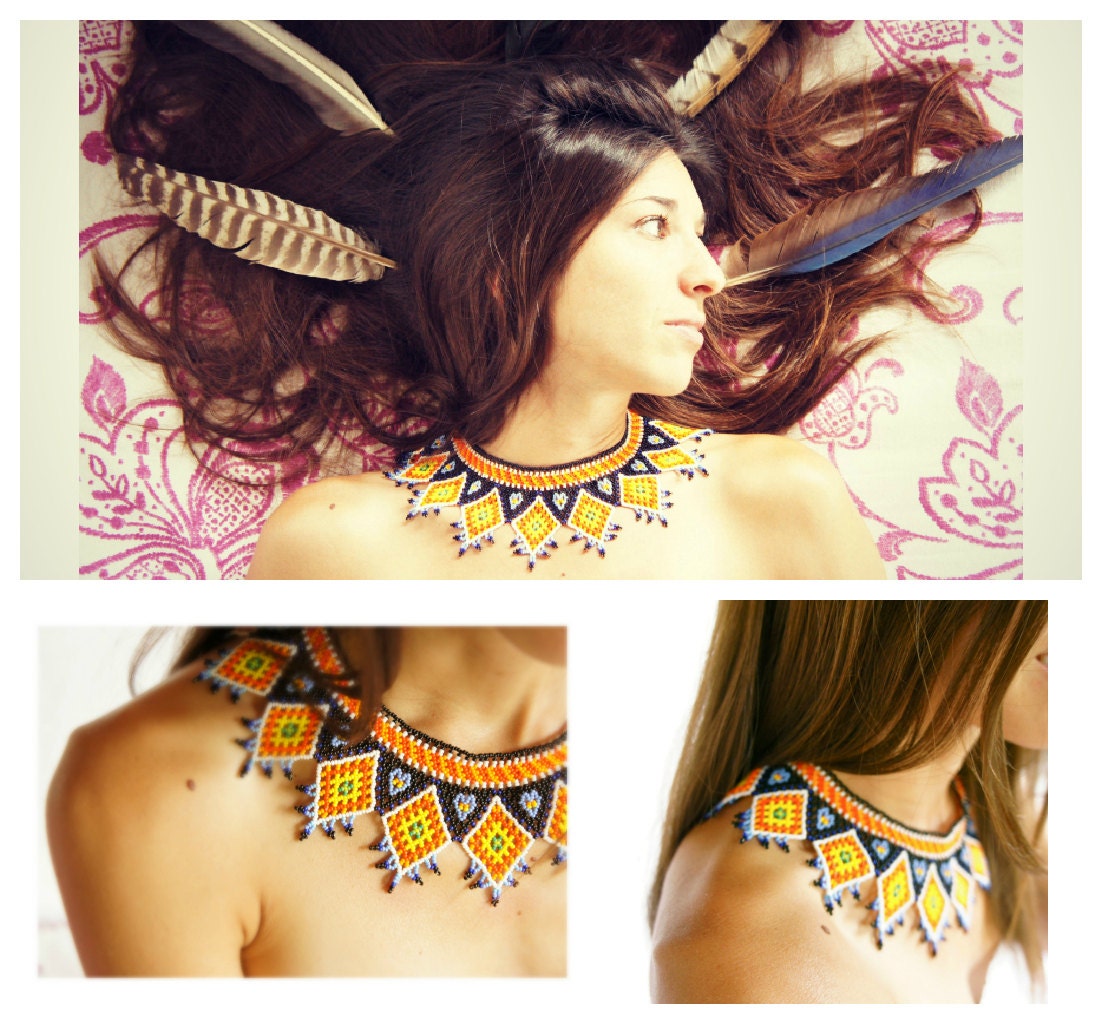 XOCHIL FUEGO Mexican Huichol Hand-Beaded Tribal Collar Necklace with Silver Clasp
