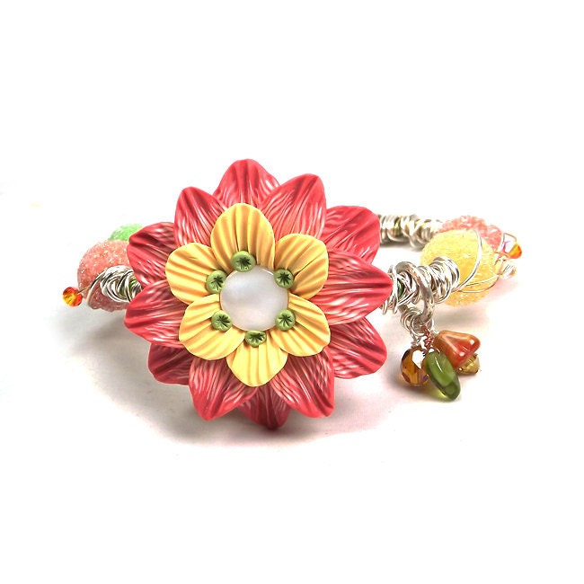 Harvest Bloom - Woven Wire Beaded Bracelet - whimsical handmade artisan flower focal in coral & yellow