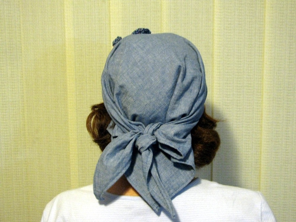 Cotton Bandanna Head Scarf with Flower in Two-Tone Turquoise