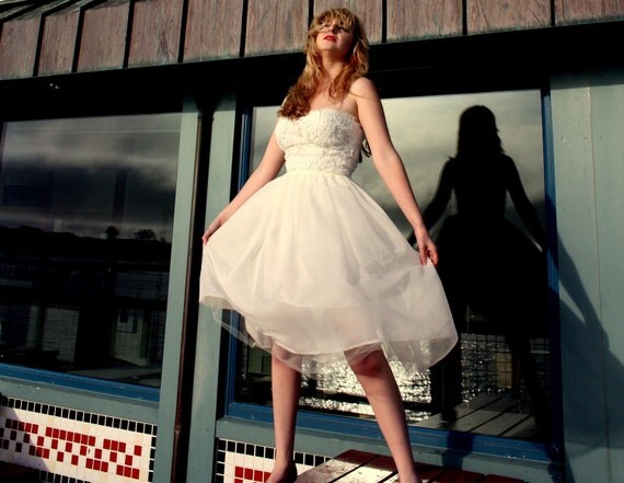 Silk Chiffon and Lace Short Strapless Wedding Dress with Detachable Second Skirt